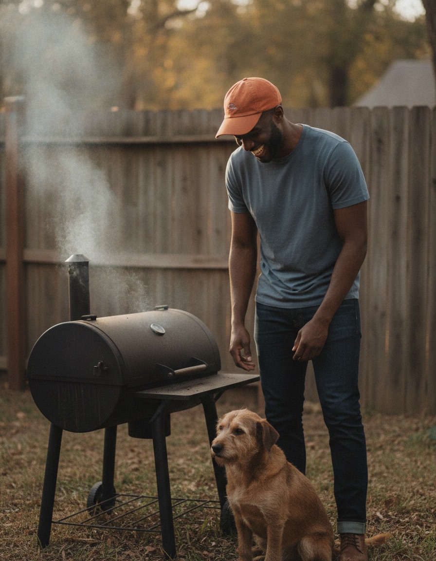 Marcus in an orange cap laughing down at his dog Ruth beside a backyard smoker