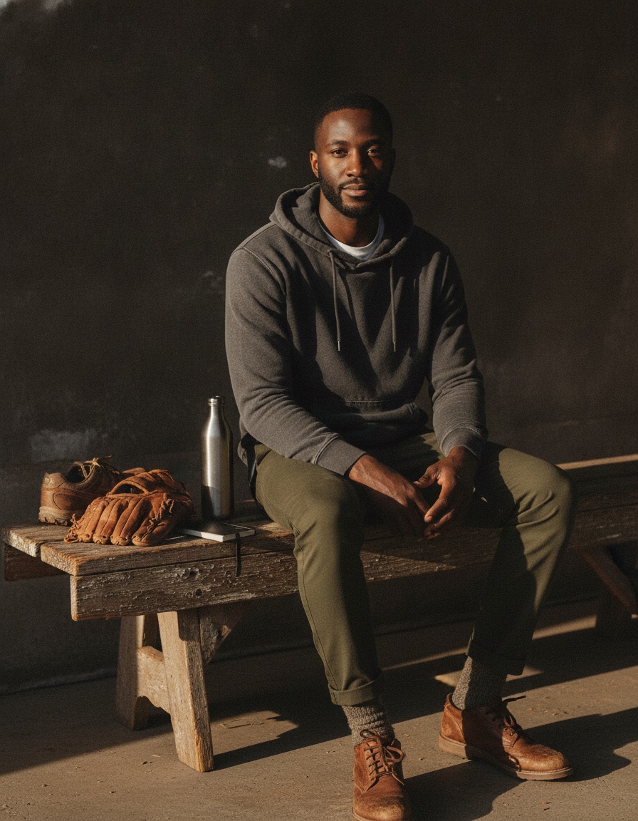 Marcus sitting on a weathered bench in warm side light, an old glove and boots beside him